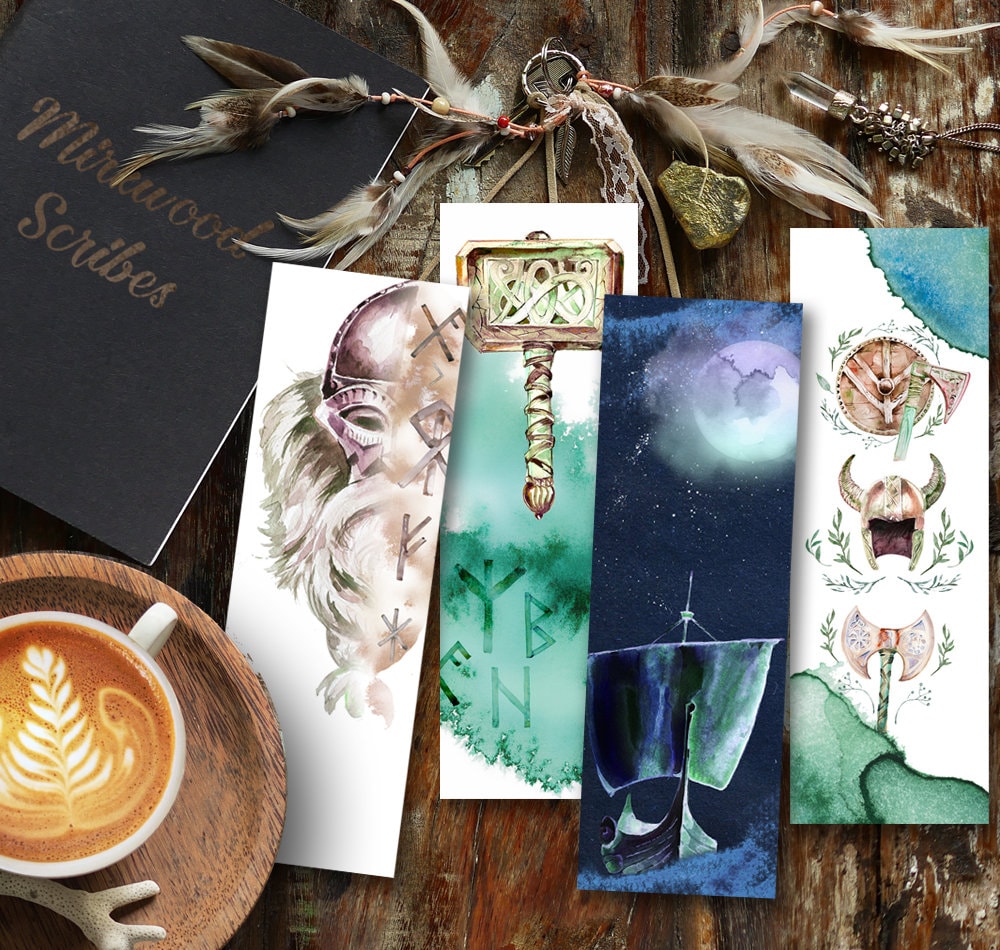 Norse Viking Axe and Helmet Watercolor Bookmark