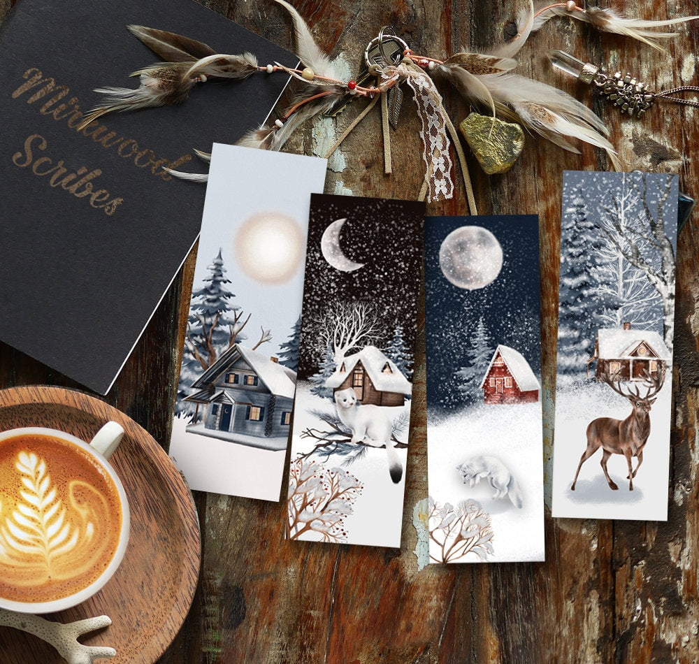 Watercolor Ermine Winter Cabin Bookmark