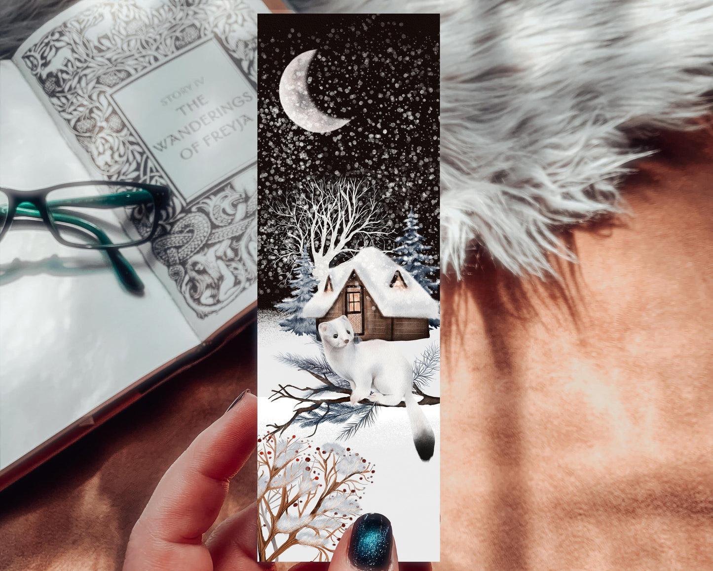 Watercolor Ermine Winter Cabin Bookmark