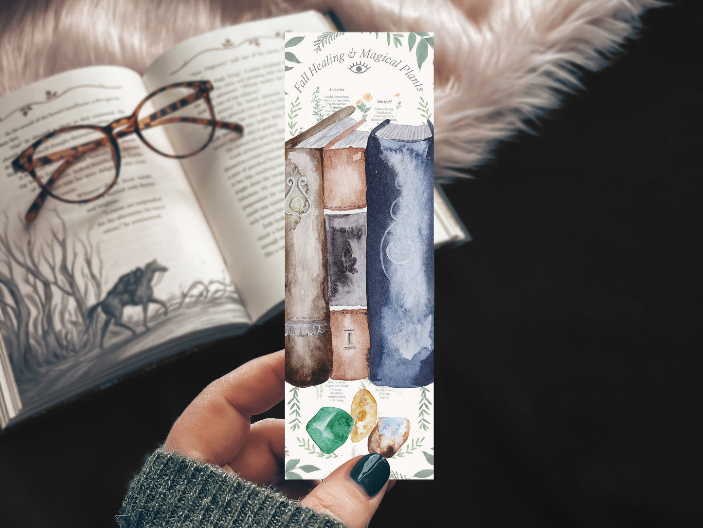 Spell Book Stack Watercolor Bookmark