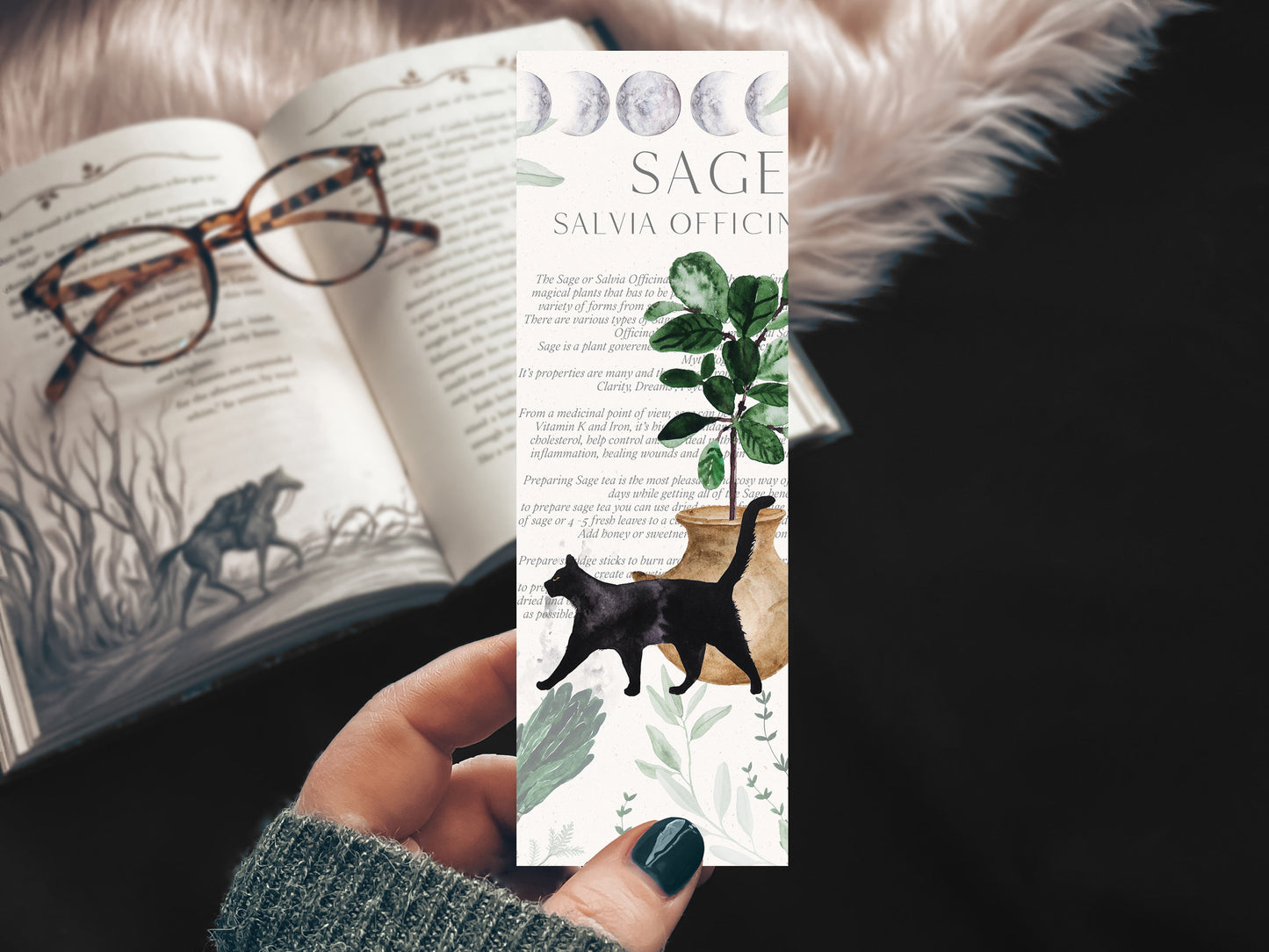 Black Cat Spell Book Watercolor Bookmark