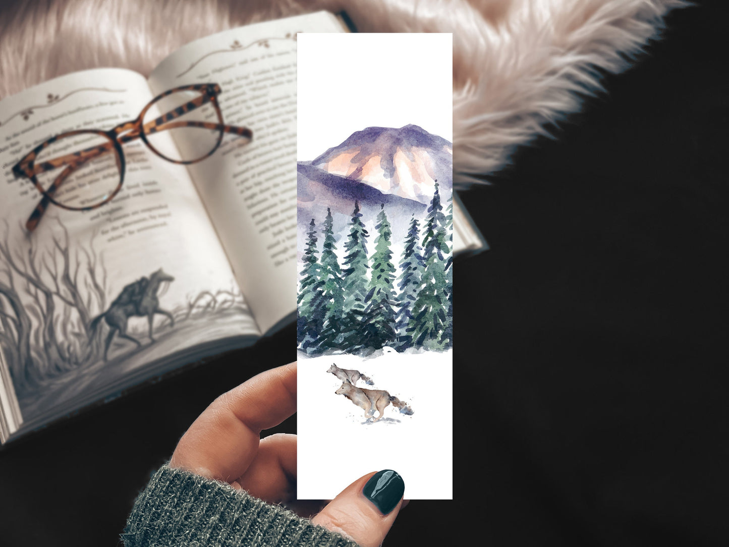Winter Wolves Watercolor Landscape Bookmark