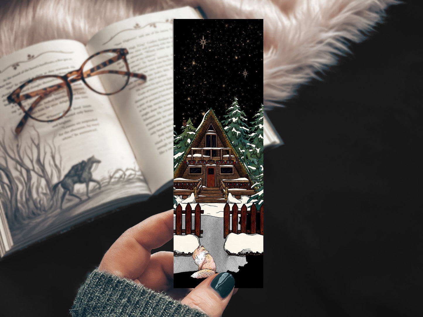 Cottagecore Winter Snow at Night Fox Bookmark