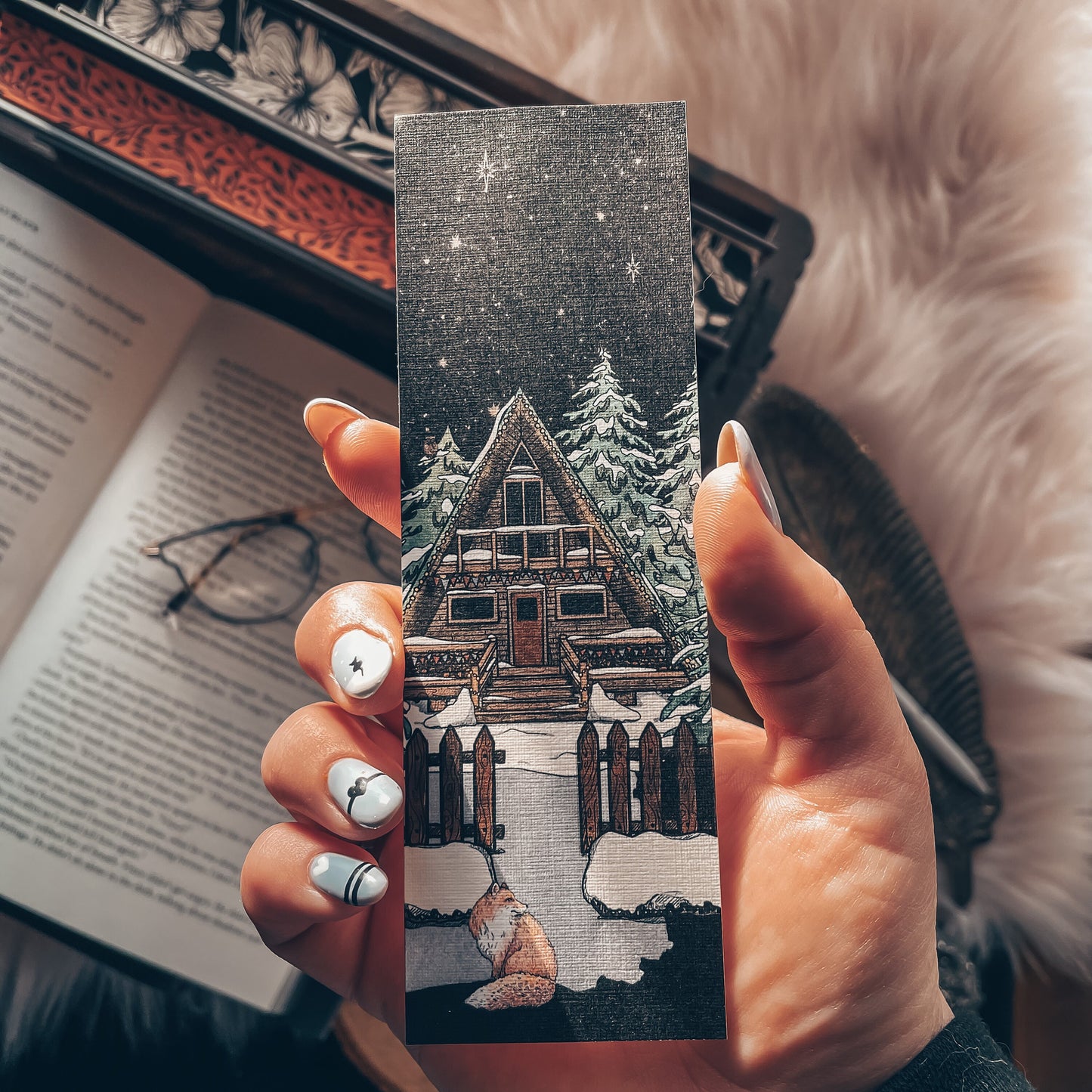 Cottagecore Winter Snow at Night Fox Bookmark