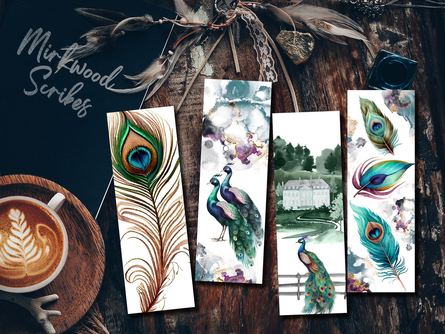 Blue Peacock Feather Watercolor Bookmark