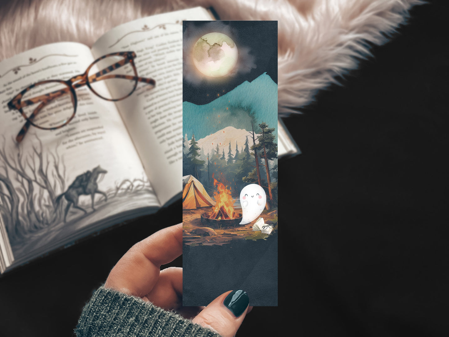 Spooky Ghost Full Moon Watercolor Bookmark