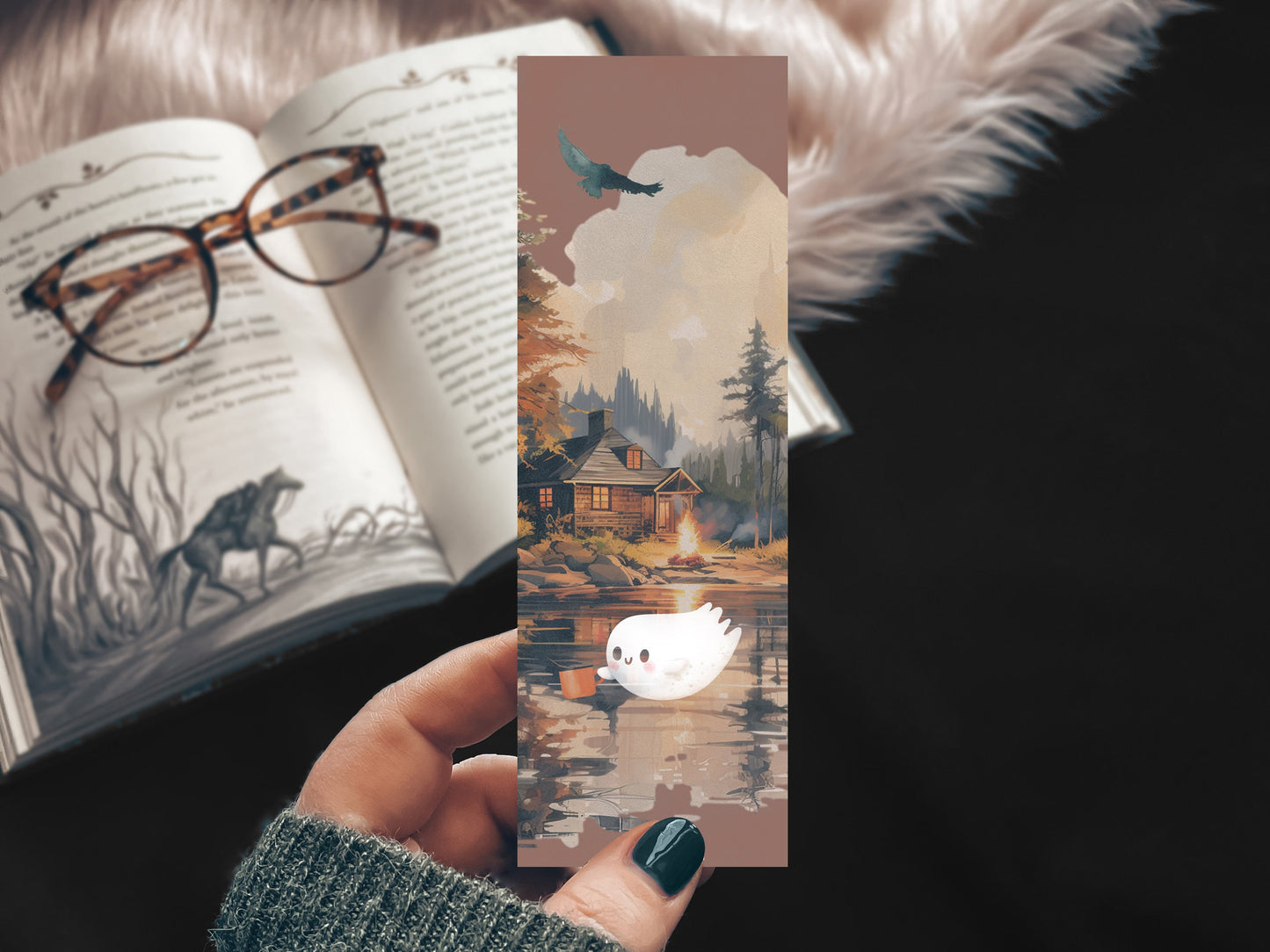 Spooky Ghost at the Lake Watercolor Bookmark
