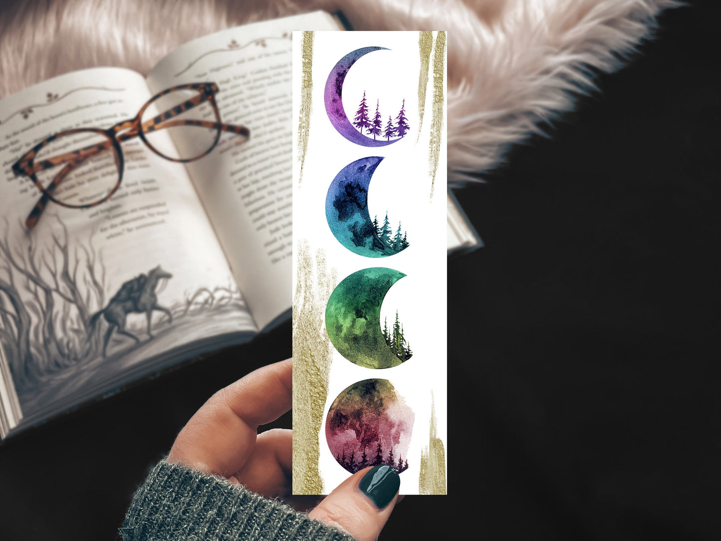 Rainbow Moon Phase Watercolor Bookmark