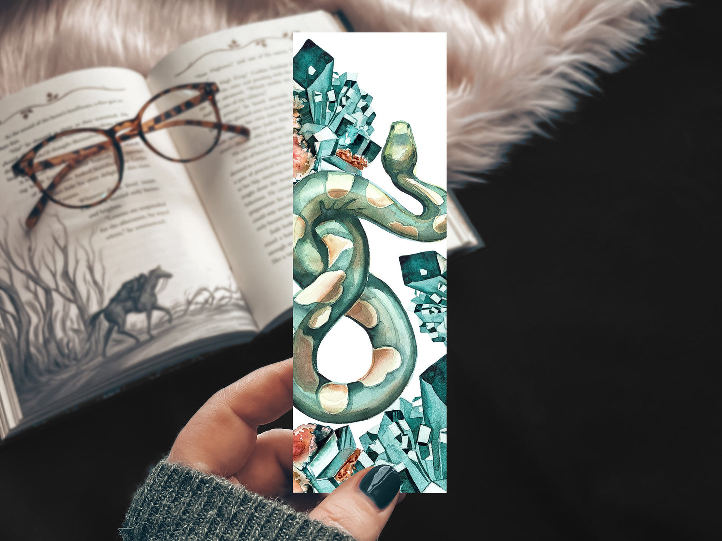 Green Serpent Watercolor Bookmark