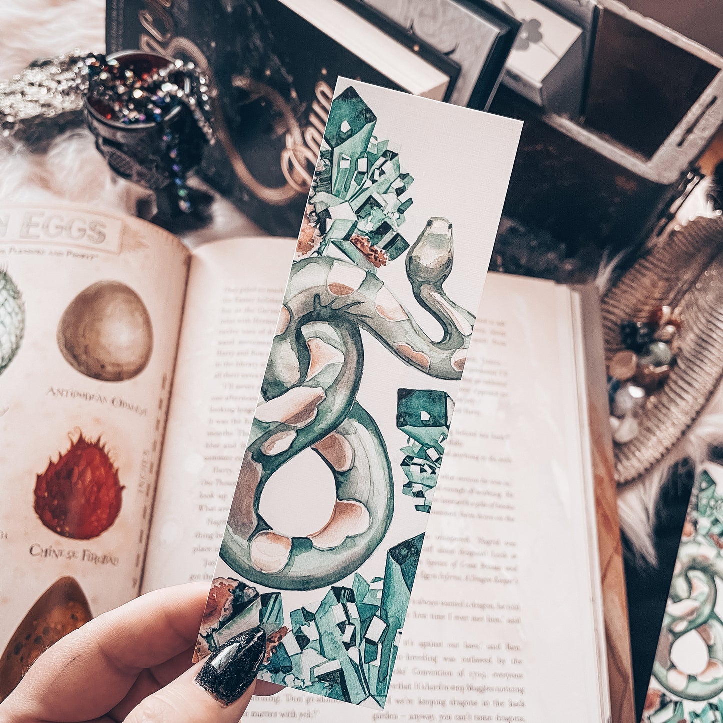Green Serpent Watercolor Bookmark