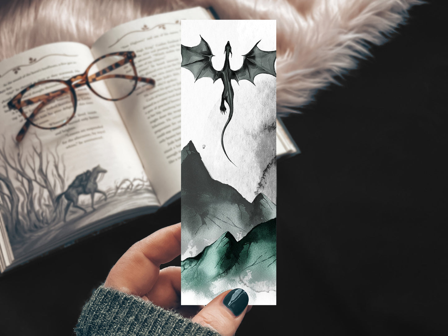 Black Dragon Flight Watercolor Bookmark