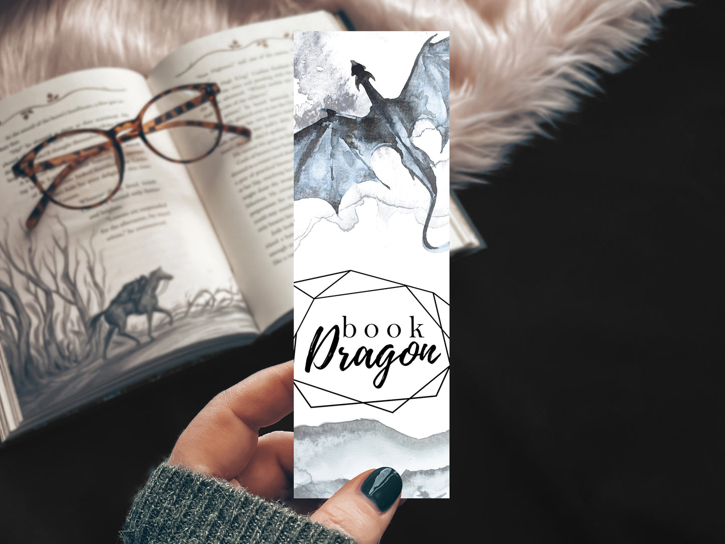 Inky Book Dragon Watercolor Bookmark
