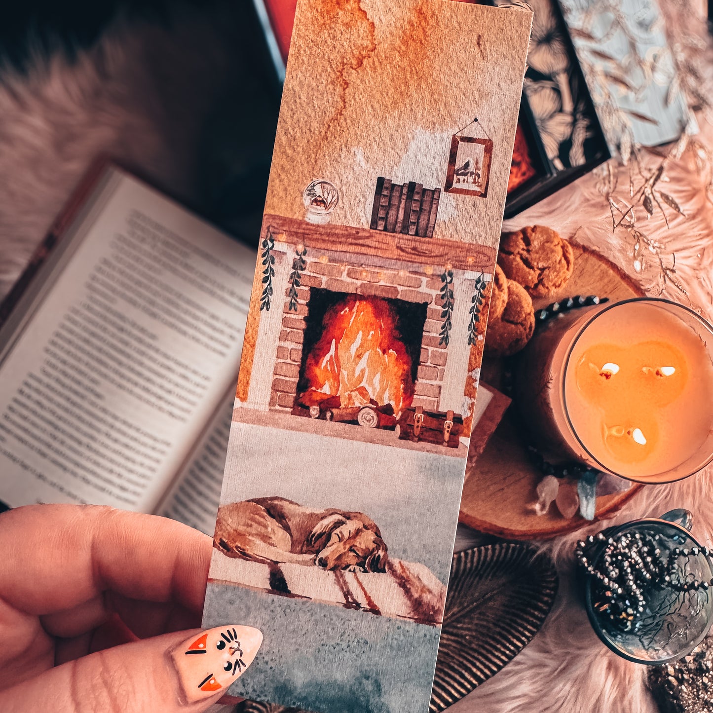 Cozy Fireplace Bookmark with Sleeping Dog – Handmade Linen Bookmark