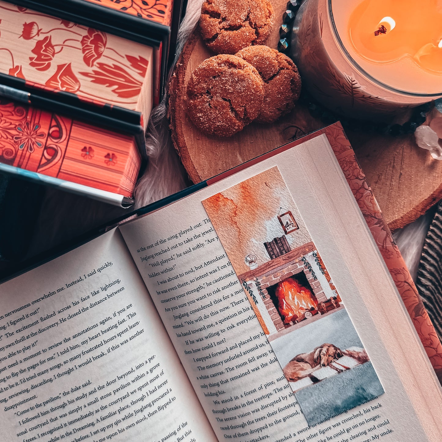 Cozy Fireplace Bookmark with Sleeping Dog – Handmade Linen Bookmark