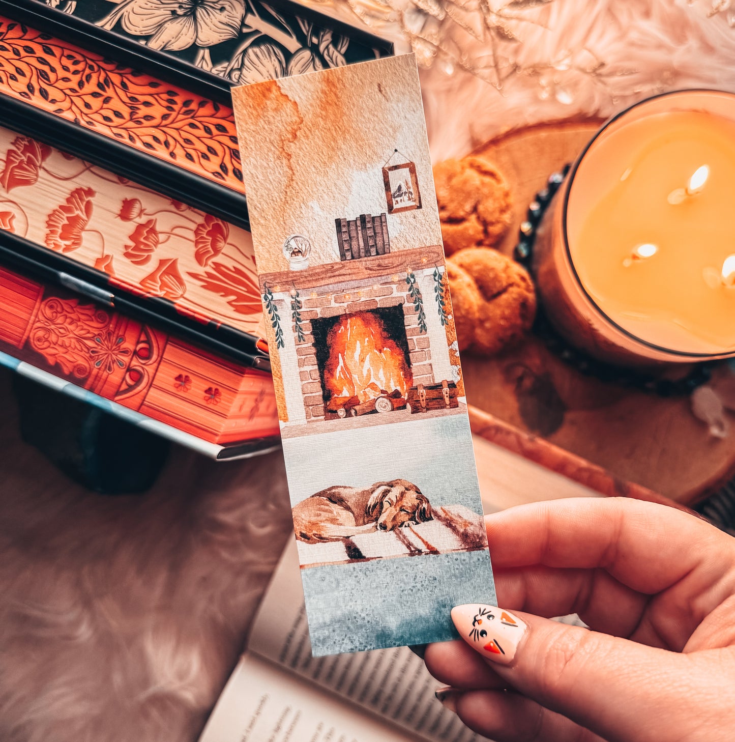 Cozy Fireplace Bookmark with Sleeping Dog – Handmade Linen Bookmark