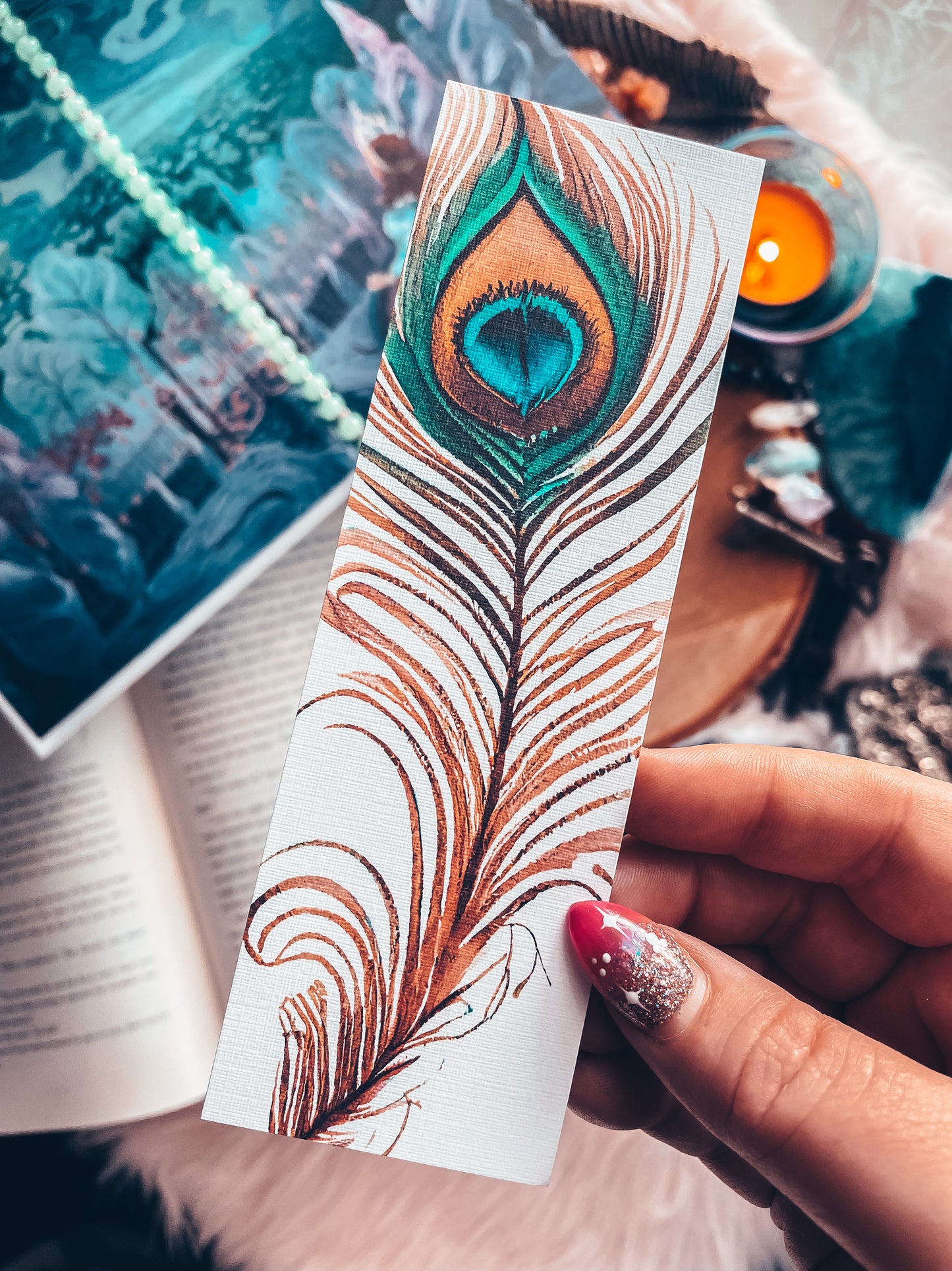 Peacock Feather Linen Bookmark