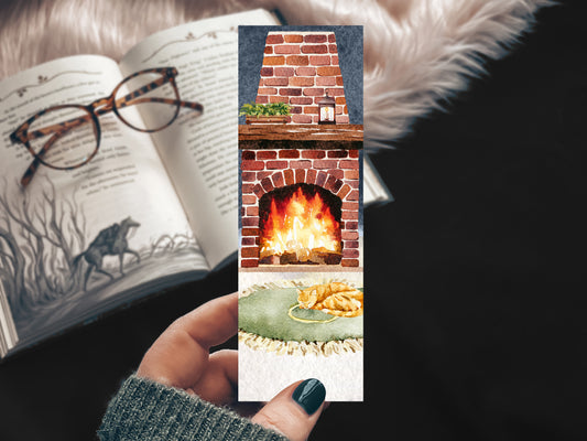 Cozy Fireplace Bookmark with Sleeping Cat – Handmade Linen Bookmark