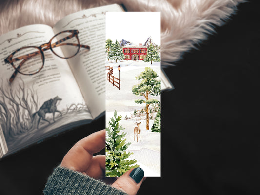 Winter Landscape Bookmark with Deer and Red House Cozy Snowy Forest Art Bookmark