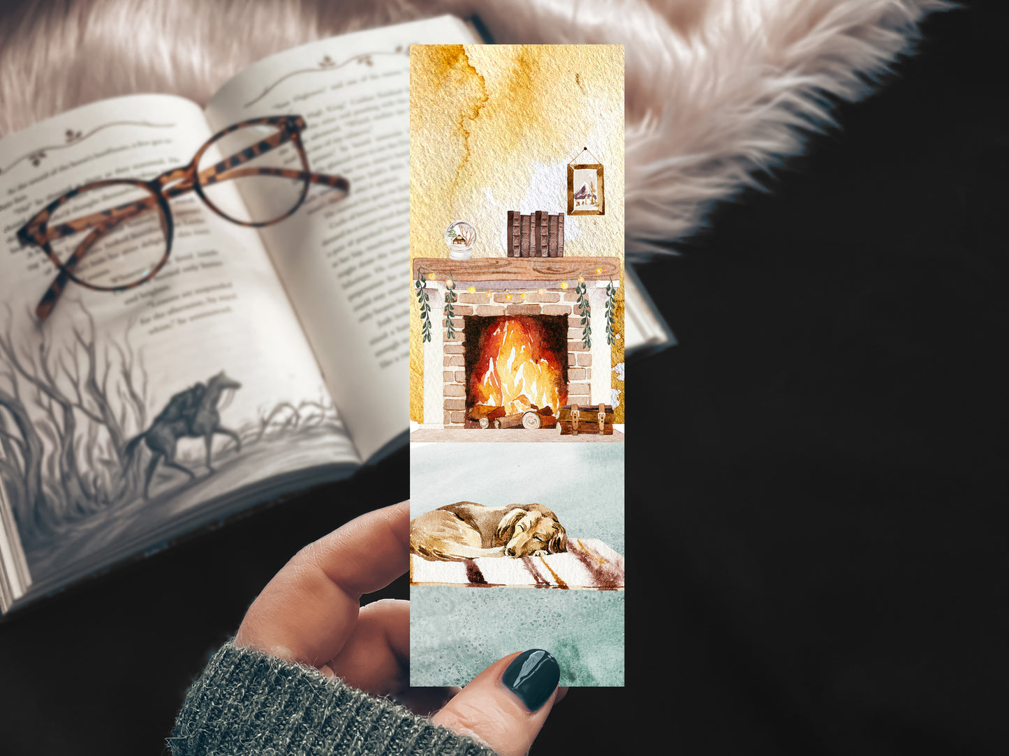 Cozy Fireplace Bookmark with Sleeping Dog – Handmade Linen Bookmark