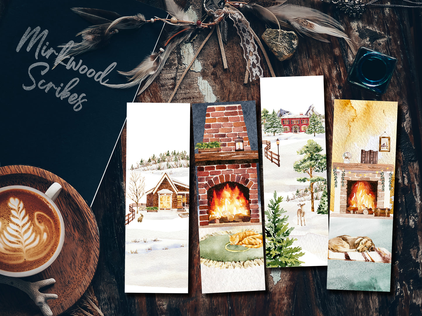 Cozy Fireplace Bookmark with Sleeping Dog – Handmade Linen Bookmark