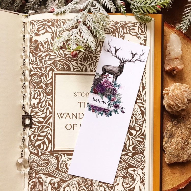 Floral Deer Bookmark, Believe Handmade Linen Paper Bookmark with Stag and Forest Florals, Mauve Fantasy Woods Whimsical Reader Gift