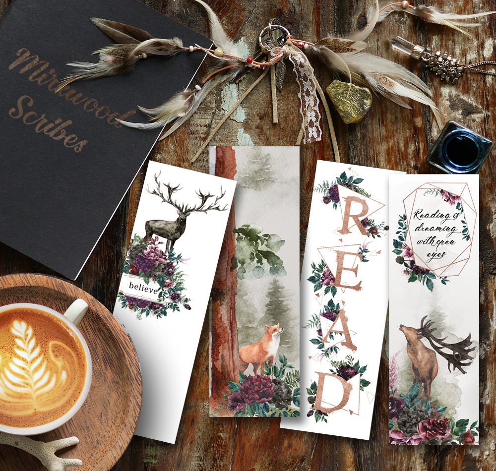 Floral Deer Bookmark, Believe Handmade Linen Paper Bookmark with Stag and Forest Florals, Mauve Fantasy Woods Whimsical Reader Gift