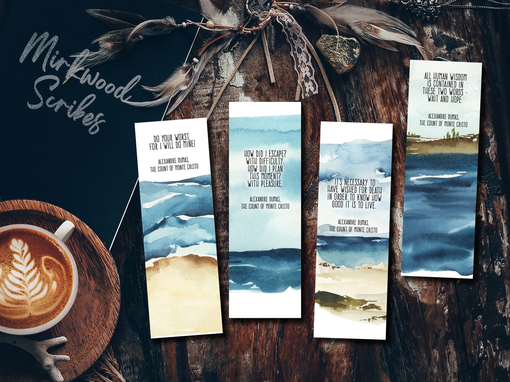Classic Quote Bookmark, The Count of Monte Cristo Ocean Watercolor, Quotes about Hope, Alexandre Dumas Literary Print