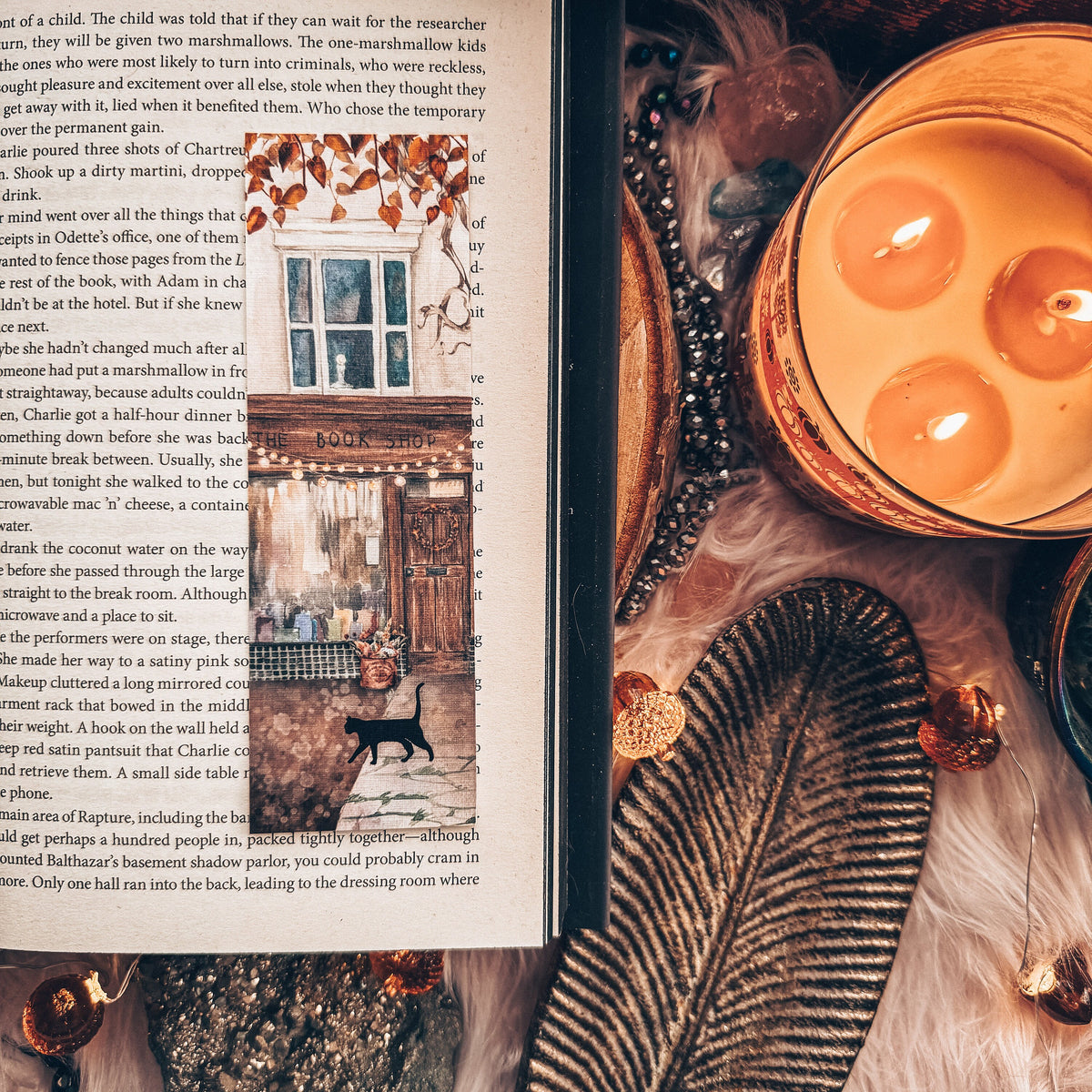 Fall Bookshop Watercolor Bookmark, Books and Cat Autumn Bookmark, Cozy Bookstagram Gift, Handmade Bookmark with Book Store and Cat