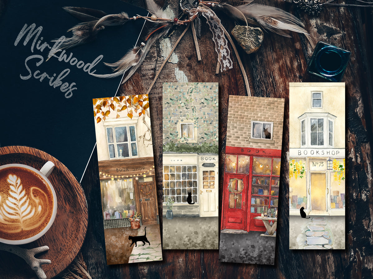 Fall Bookshop Watercolor Bookmark, Books and Cat Autumn Bookmark, Cozy Bookstagram Gift, Handmade Bookmark with Book Store and Cat
