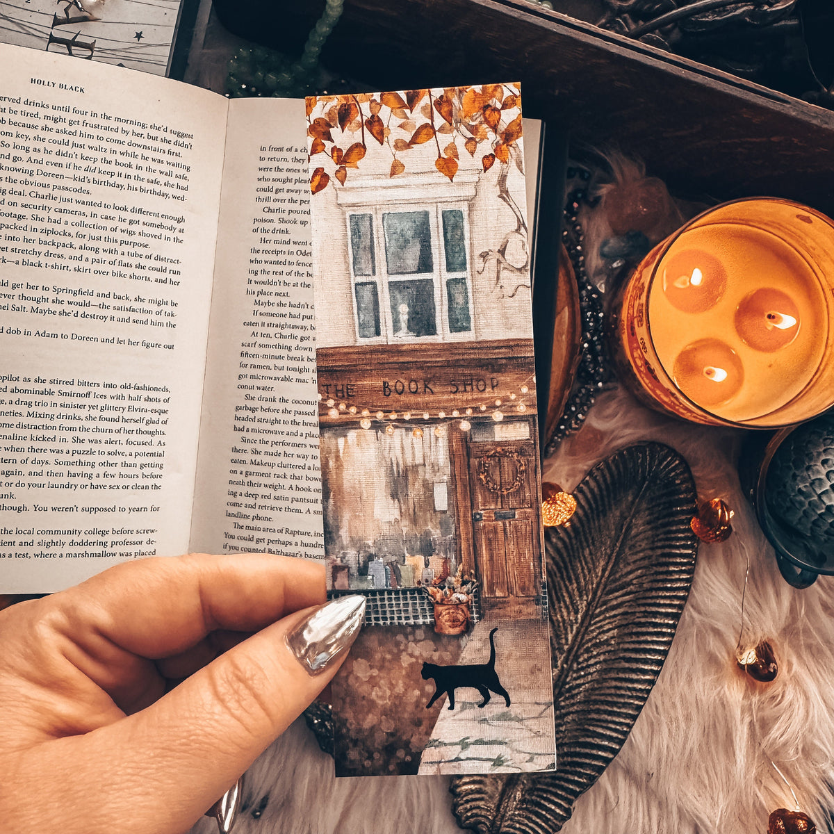 Fall Bookshop Watercolor Bookmark, Books and Cat Autumn Bookmark, Cozy Bookstagram Gift, Handmade Bookmark with Book Store and Cat