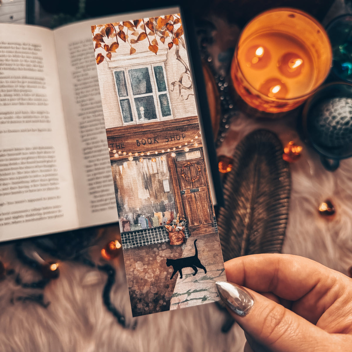 Fall Bookshop Watercolor Bookmark, Books and Cat Autumn Bookmark, Cozy Bookstagram Gift, Handmade Bookmark with Book Store and Cat