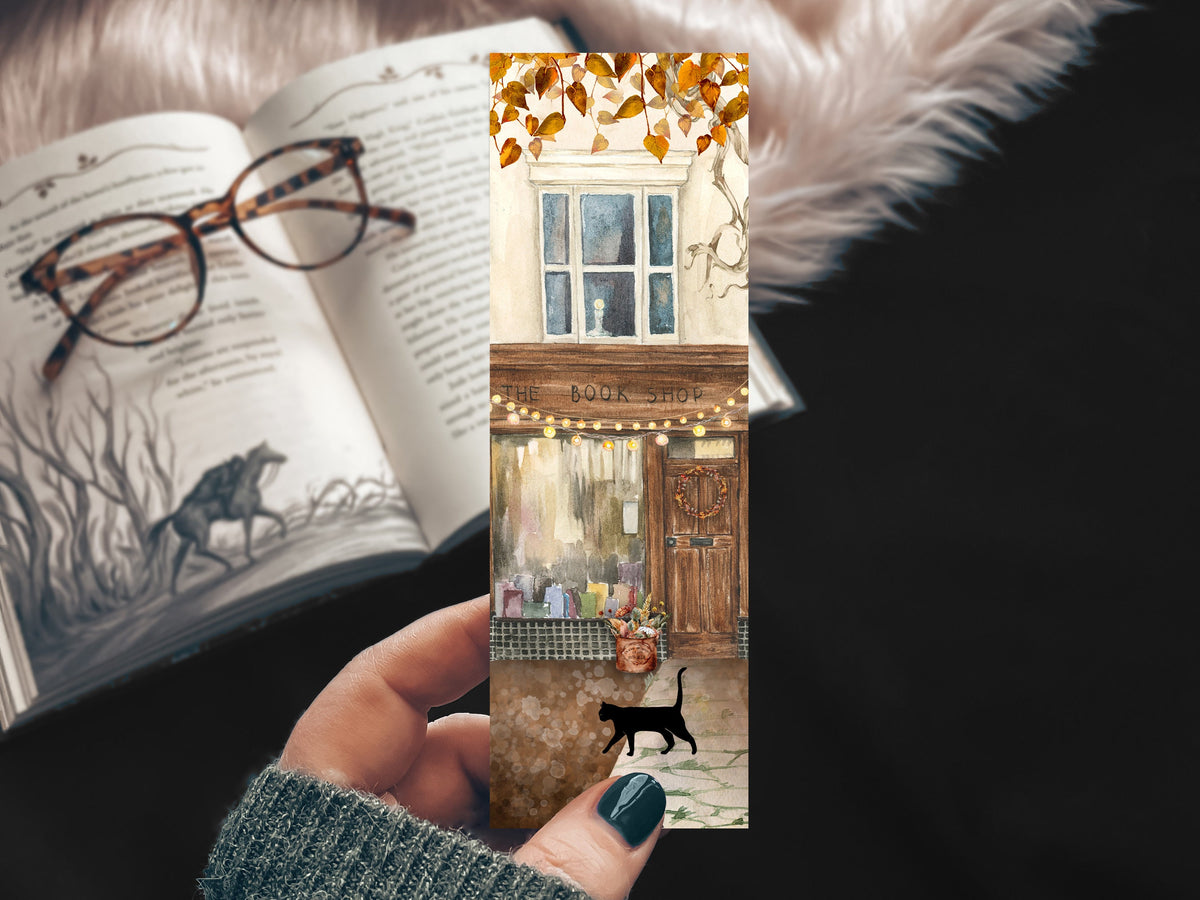 Fall Bookshop Watercolor Bookmark, Books and Cat Autumn Bookmark, Cozy Bookstagram Gift, Handmade Bookmark with Book Store and Cat