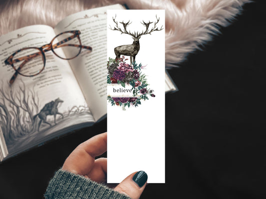 Floral Deer Bookmark, Believe Handmade Linen Paper Bookmark with Stag and Forest Florals, Mauve Fantasy Woods Whimsical Reader Gift