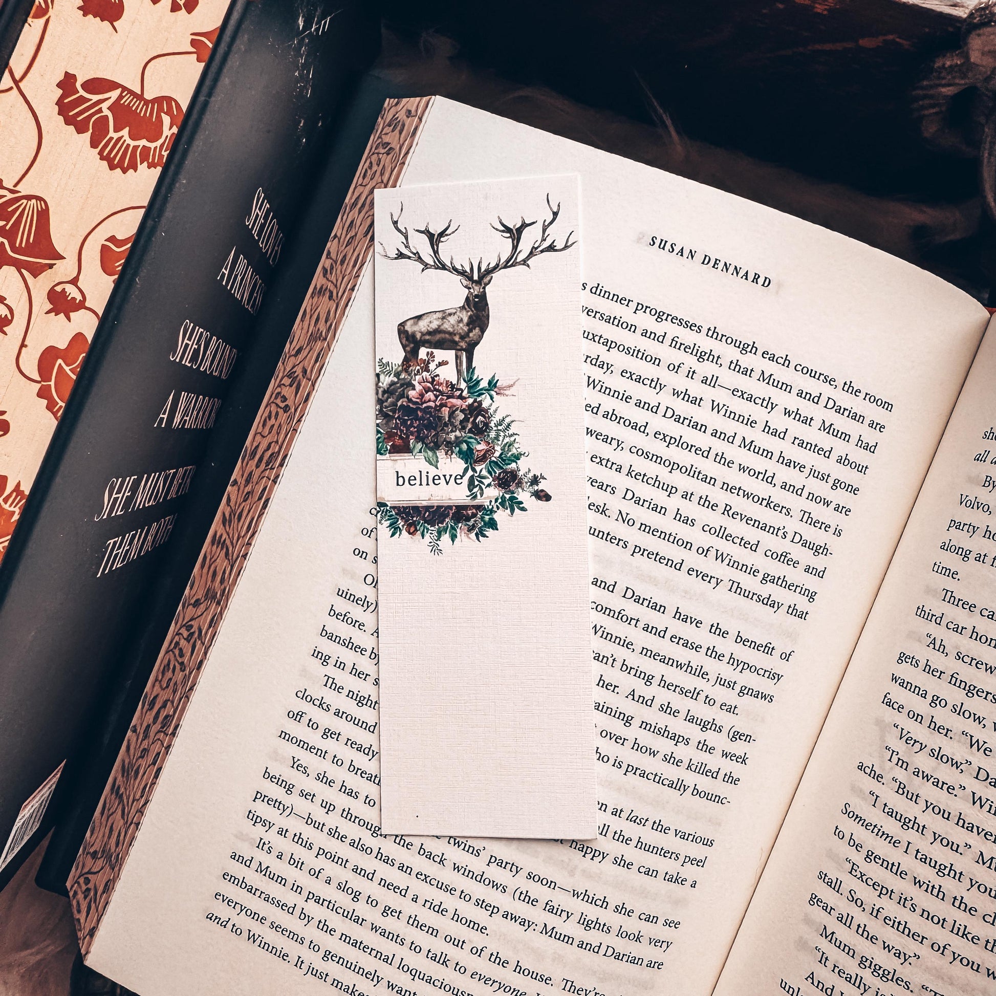 Floral Deer Bookmark, Believe Handmade Linen Paper Bookmark with Stag and Forest Florals, Mauve Fantasy Woods Whimsical Reader Gift