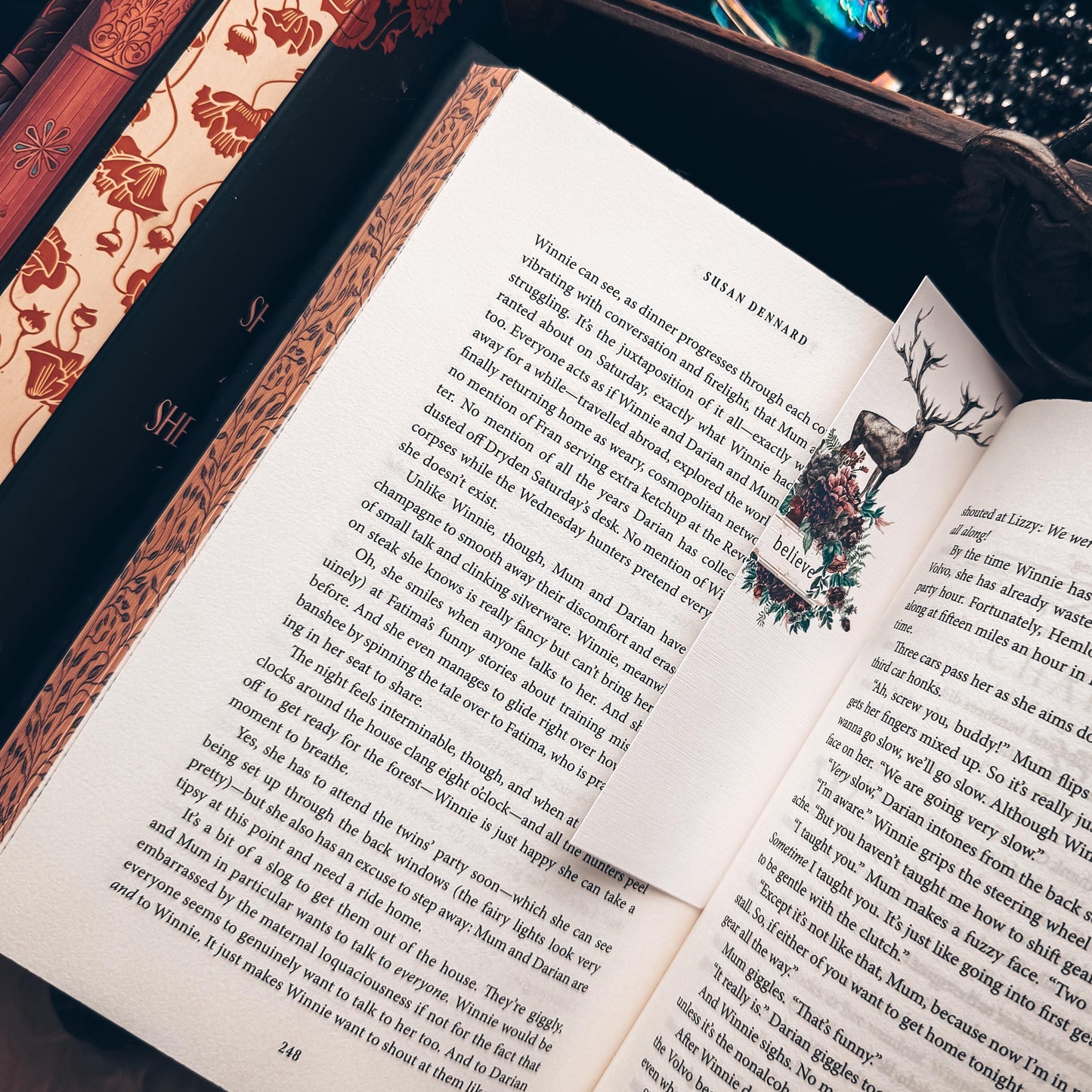 Floral Deer Bookmark, Believe Handmade Linen Paper Bookmark with Stag and Forest Florals, Mauve Fantasy Woods Whimsical Reader Gift