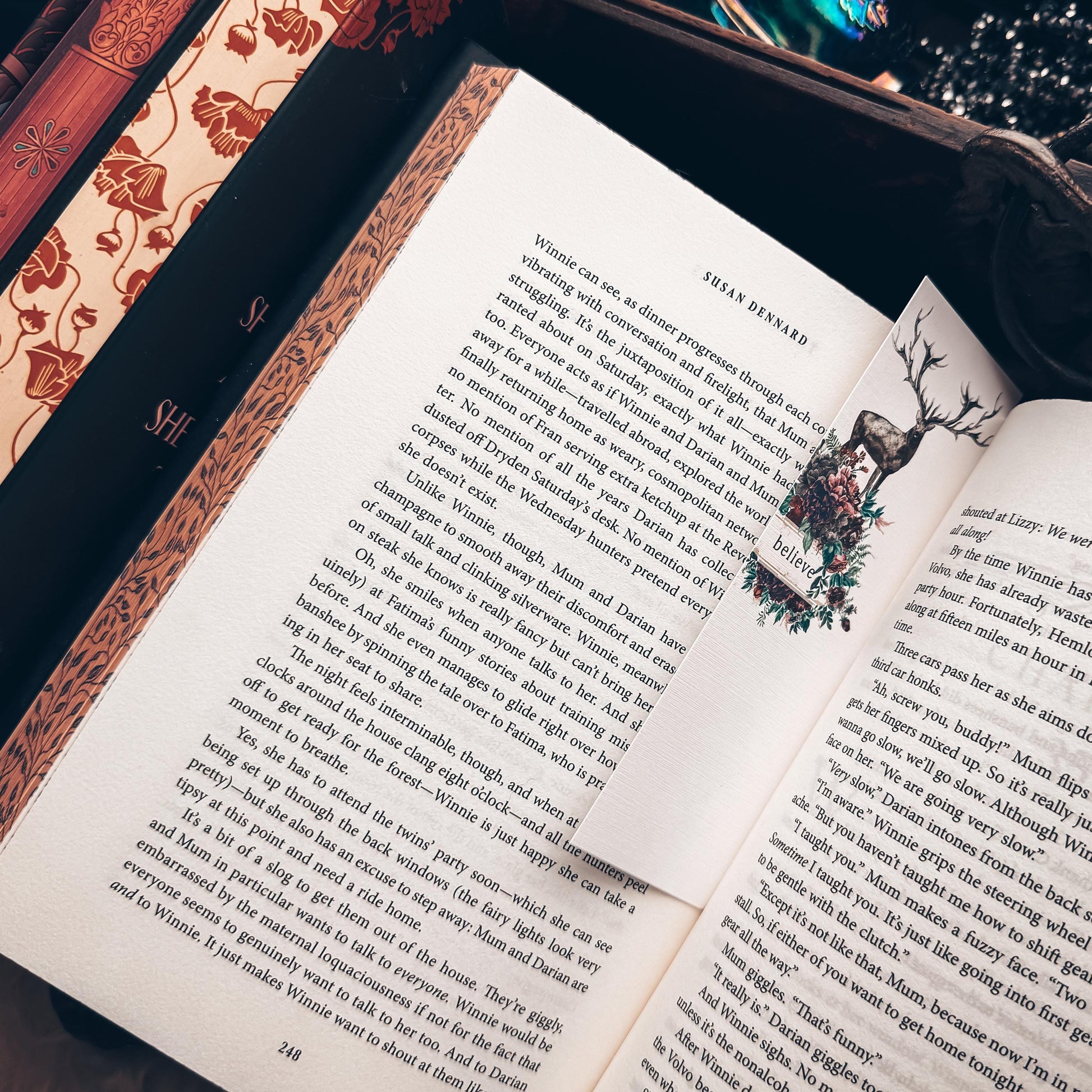 Floral Deer Bookmark, Believe Handmade Linen Paper Bookmark with Stag and Forest Florals, Mauve Fantasy Woods Whimsical Reader Gift