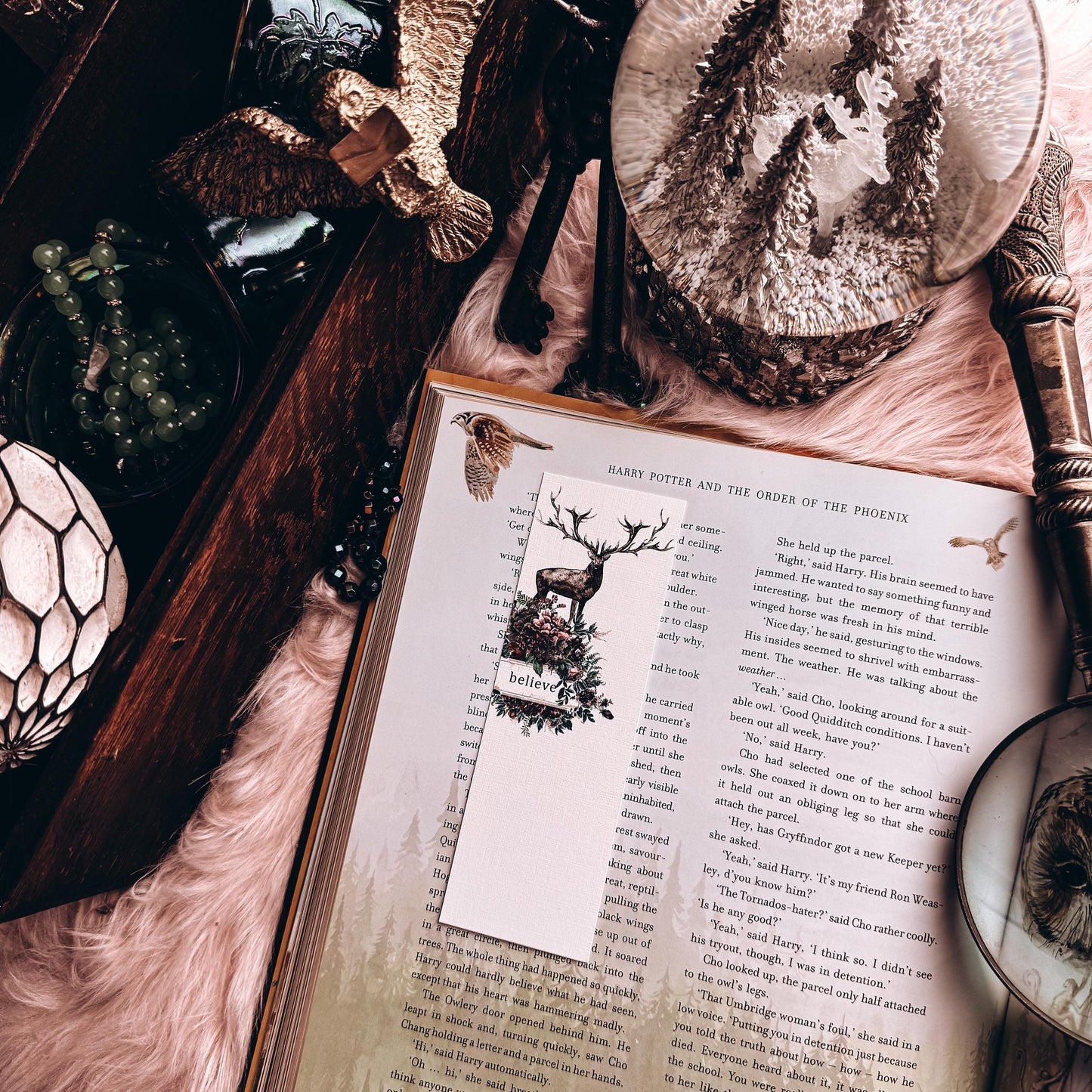 Floral Deer Bookmark, Believe Handmade Linen Paper Bookmark with Stag and Forest Florals, Mauve Fantasy Woods Whimsical Reader Gift