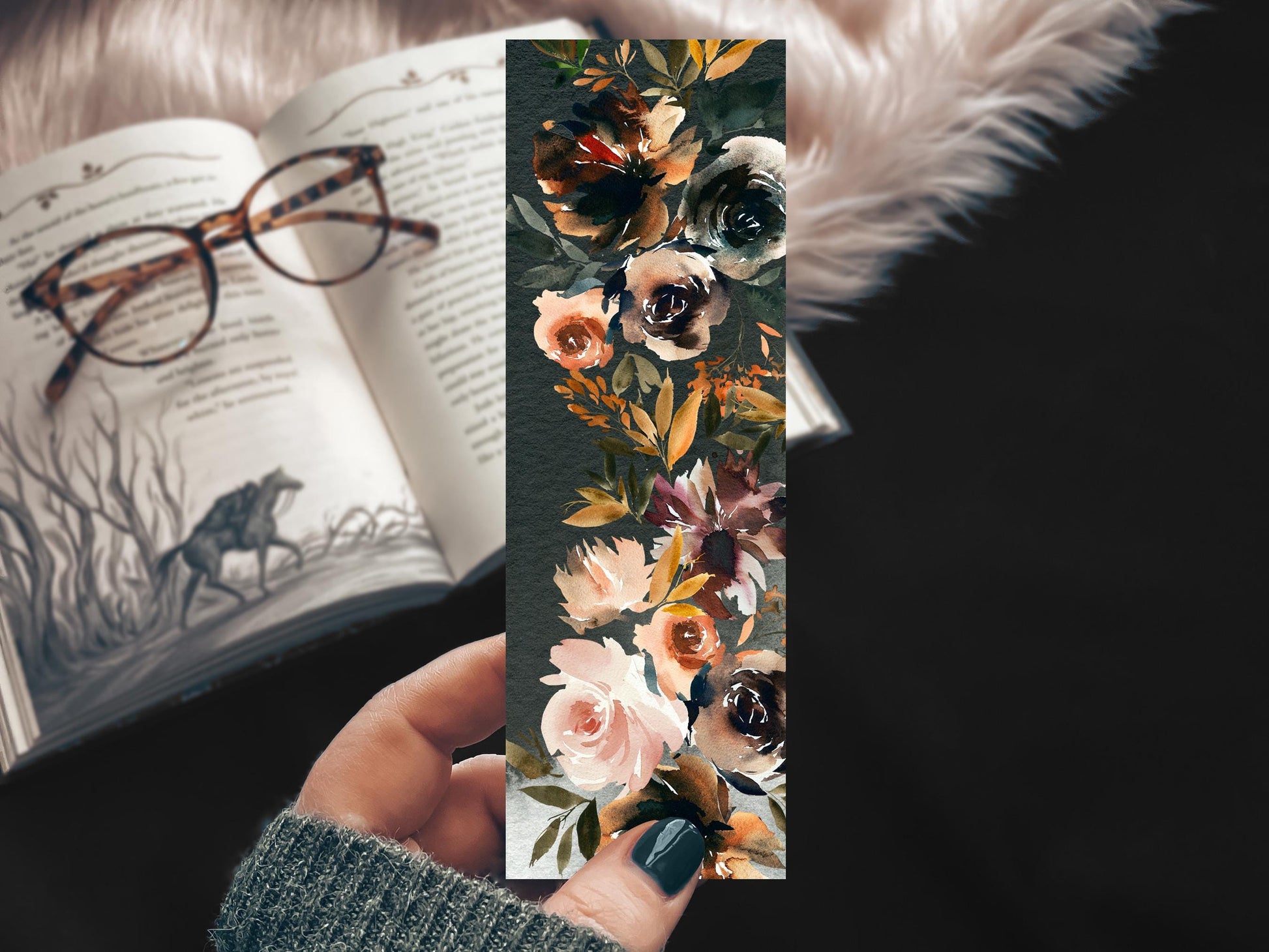 Fall Flowers Bookmark, Gift for Reader Bookmarks, Cozy Romance Reader Gift for Her, Moody Blooms Gift for Sister Linen Pretty Girl Gift