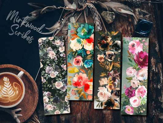 Moody Blooms Printable Bookmarks, Floral Aesthetic Bookmarks | 2x6 Digital Download | Dark Academia Book Lover Gift, Watercolor Bookmark Set