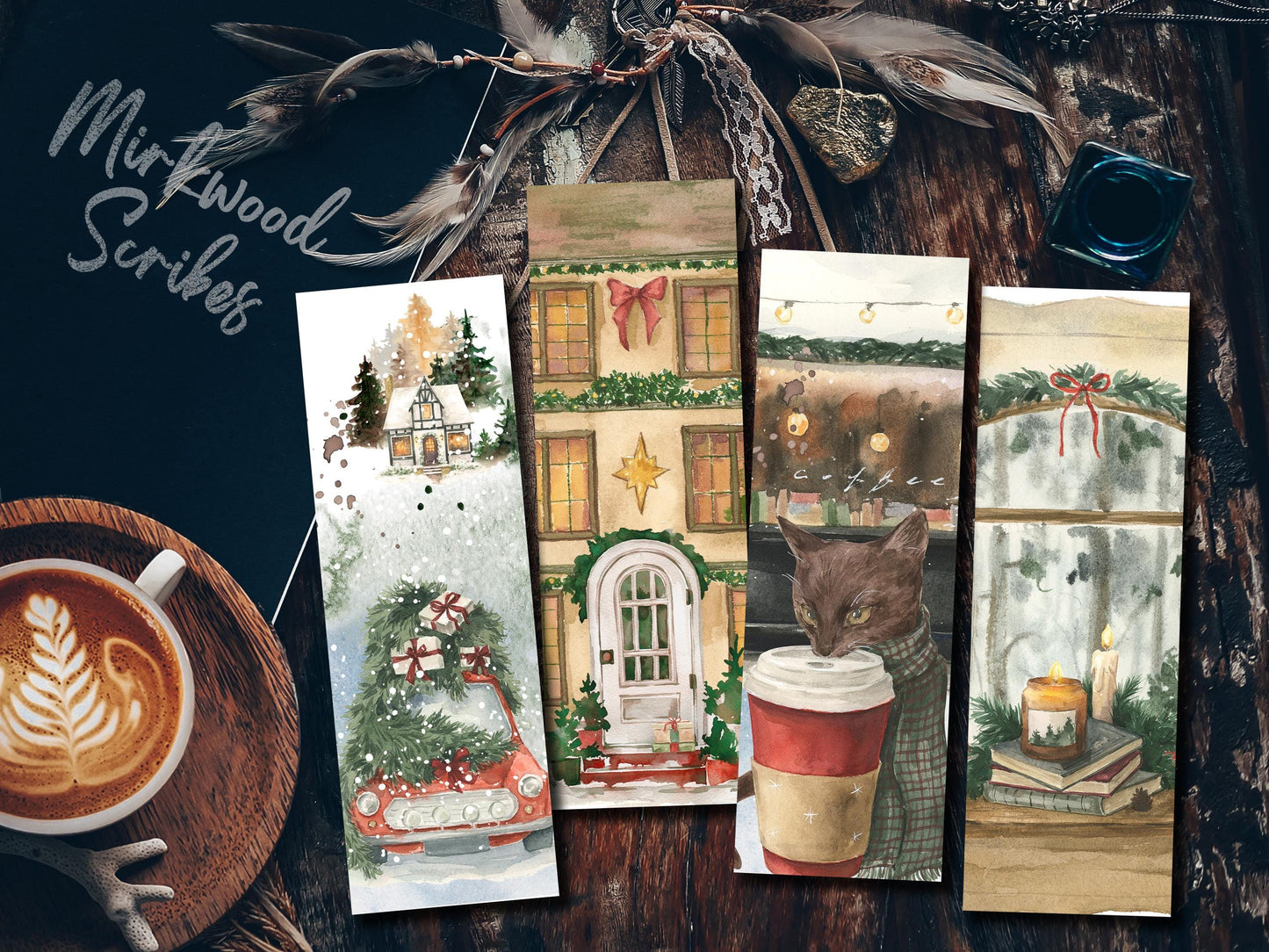 Christmas Cafe Cat Watercolor Bookmark, Holiday Coffee Shop Pupcup Handmade Bookmark Set
