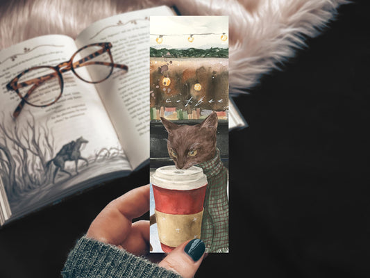 Christmas Cafe Cat Watercolor Bookmark, Holiday Coffee Shop Pupcup Handmade Bookmark Set
