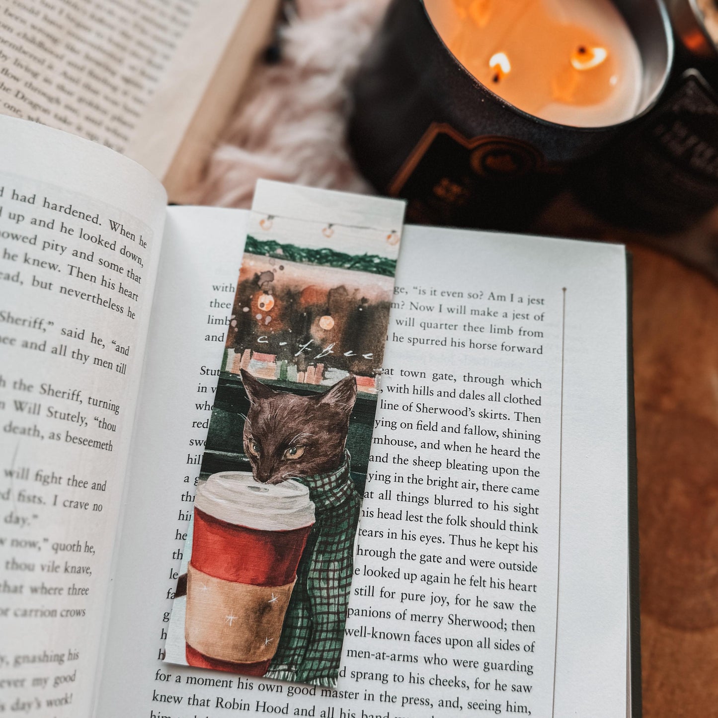 Christmas Cafe Cat Watercolor Bookmark, Holiday Coffee Shop Pupcup Handmade Bookmark Set