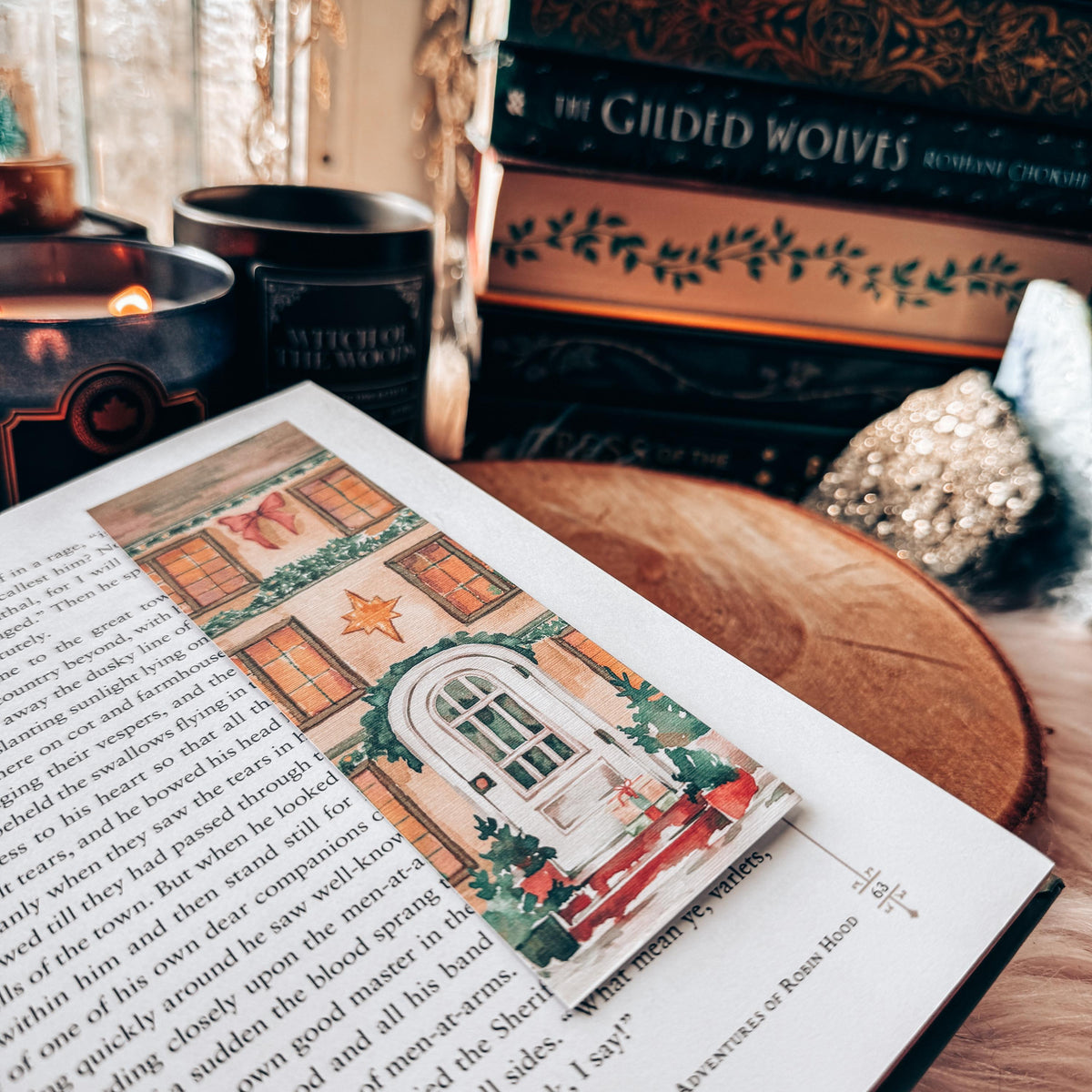 Cozy Christmas Watercolor Bookmark, Festive City Home with Holiday Lights Handmade Bookmark