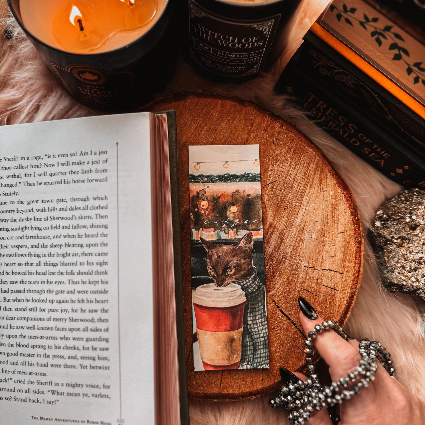 Christmas Cafe Cat Watercolor Bookmark, Holiday Coffee Shop Pupcup Handmade Bookmark Set