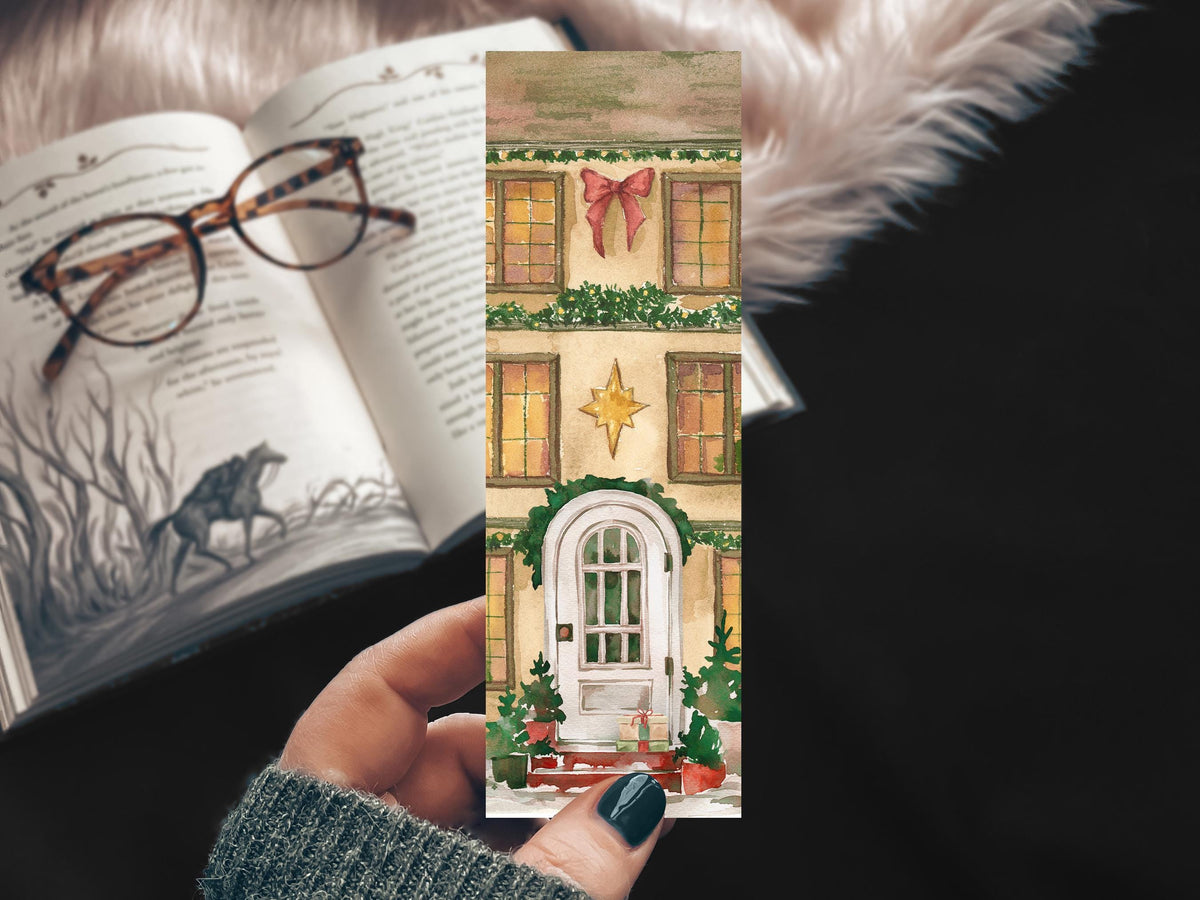 Cozy Christmas Watercolor Bookmark, Festive City Home with Holiday Lights Handmade Bookmark