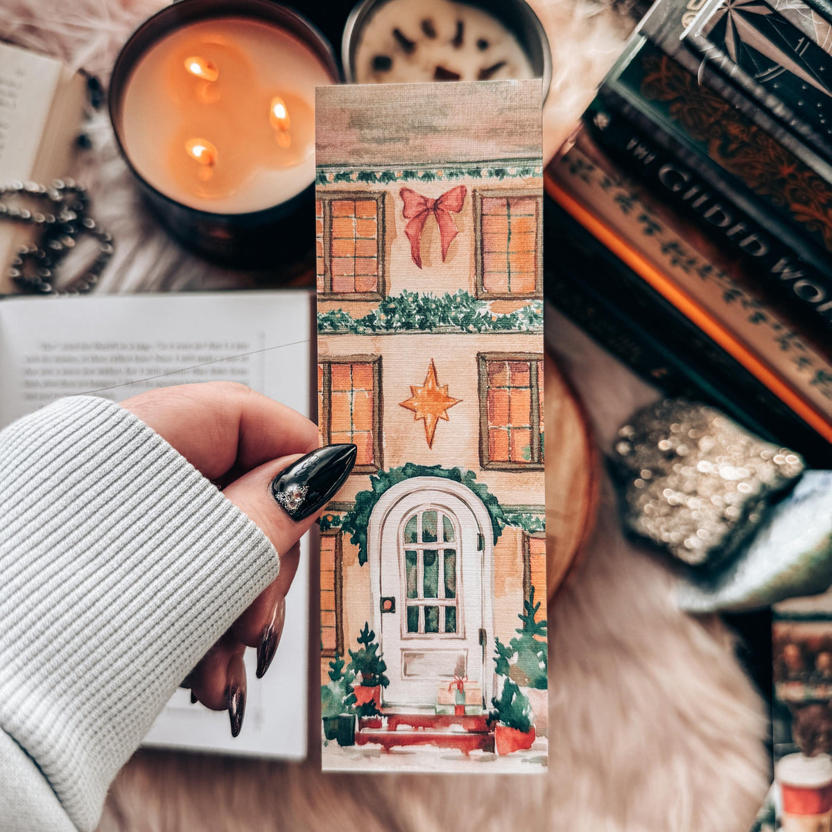 Cozy Christmas Watercolor Bookmark, Festive City Home with Holiday Lights Handmade Bookmark