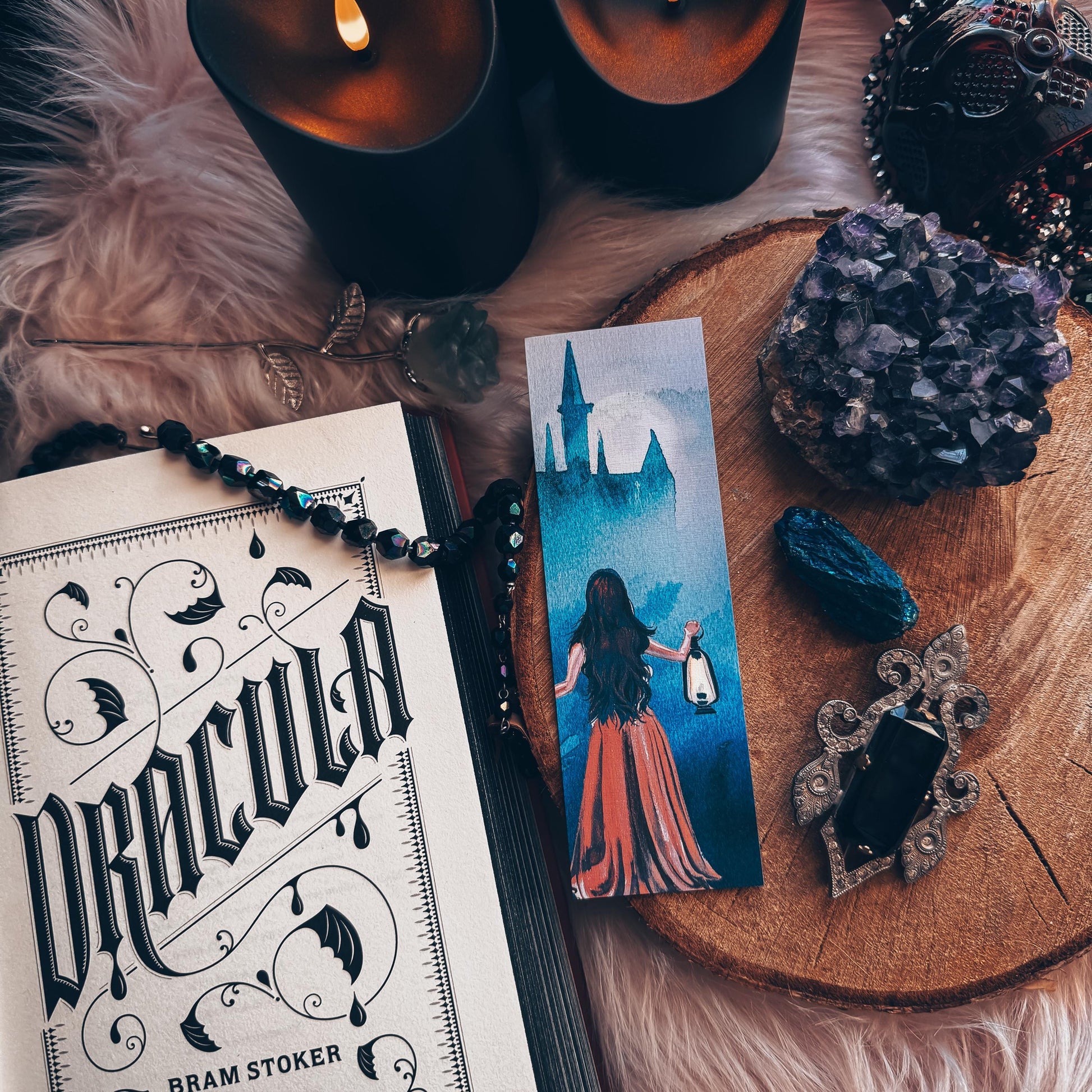 Gothic Castle Bookmark, Handmade Vampire Romance Female Main Character Book Lover Gift, Dracula Themed Print