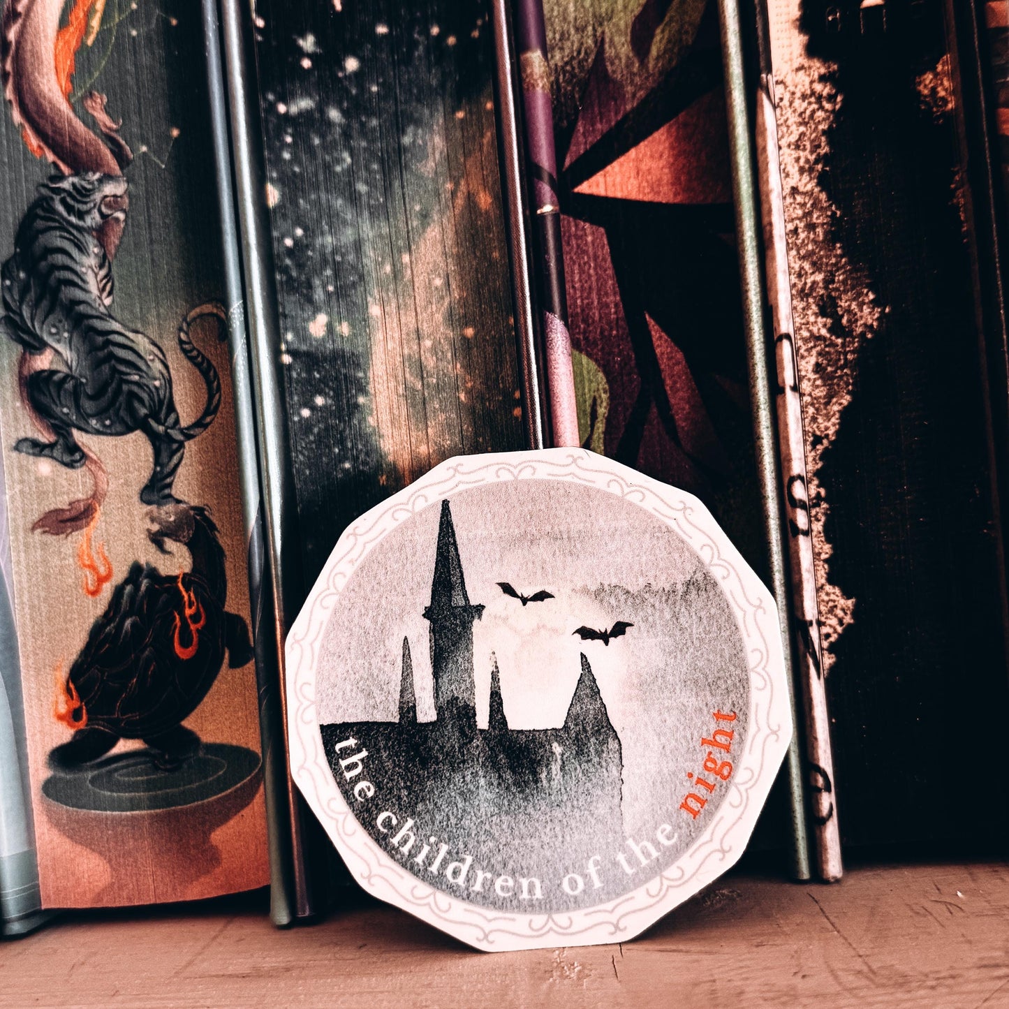 Dracula Vinyl Sticker Children of the Night Quote, Gothic Vampire Sticker with Castle and Bats Flying across the Moon