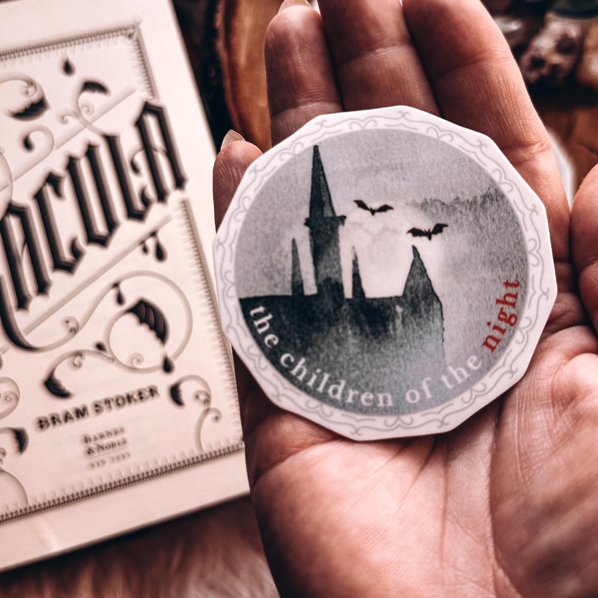 Dracula Vinyl Sticker Children of the Night Quote, Gothic Vampire Sticker with Castle and Bats Flying across the Moon
