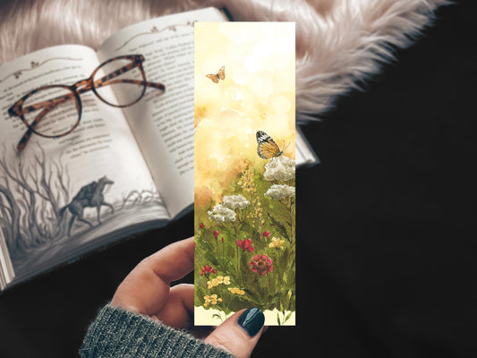 Watercolor Butterfly Meadow Bookmark, Monarch Art Illustration Handmade Spring Bookmarks
